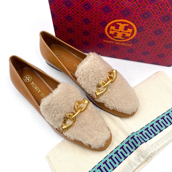 Tory Burch Jessa Shearling Loafers Caramel Tan Leather...
